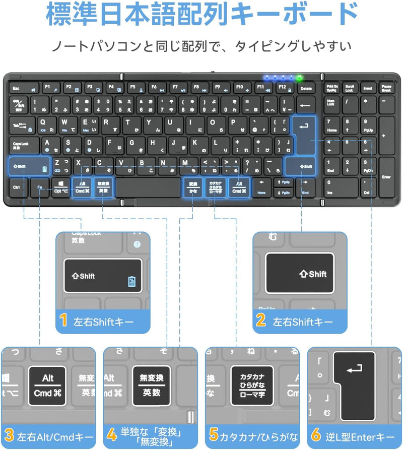 Omikamo Bluetooth キーボード 折り畳み式 ワイヤレス テンキー付き 日本語配列 ipad キーボード 左右Shiftキー/L型Enterキー搭載 フルサイズ マルチペアリング iOS/Windows/Mac/Google対応 USB-C充電式