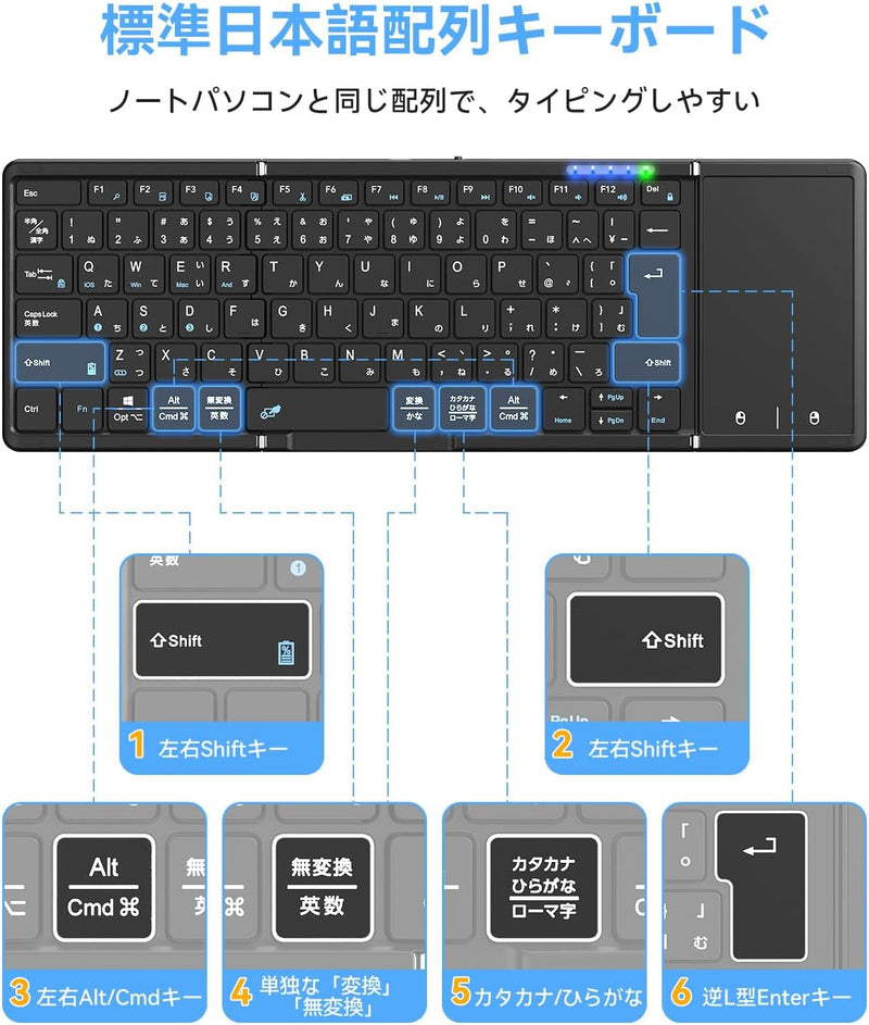 【最新進化版 スタンド付き】折りたたみ キーボード ワイヤレス Bluetooth 5.4 タッチパッド搭載 JIS配列 日本語配列 3台同時接続 静音 軽量 薄型 無線 iPad 第10世代 iPhone Android Mac Windows Surface iPad mini 対応 専用スタンド付 Type-C 急速充電 Omikamo