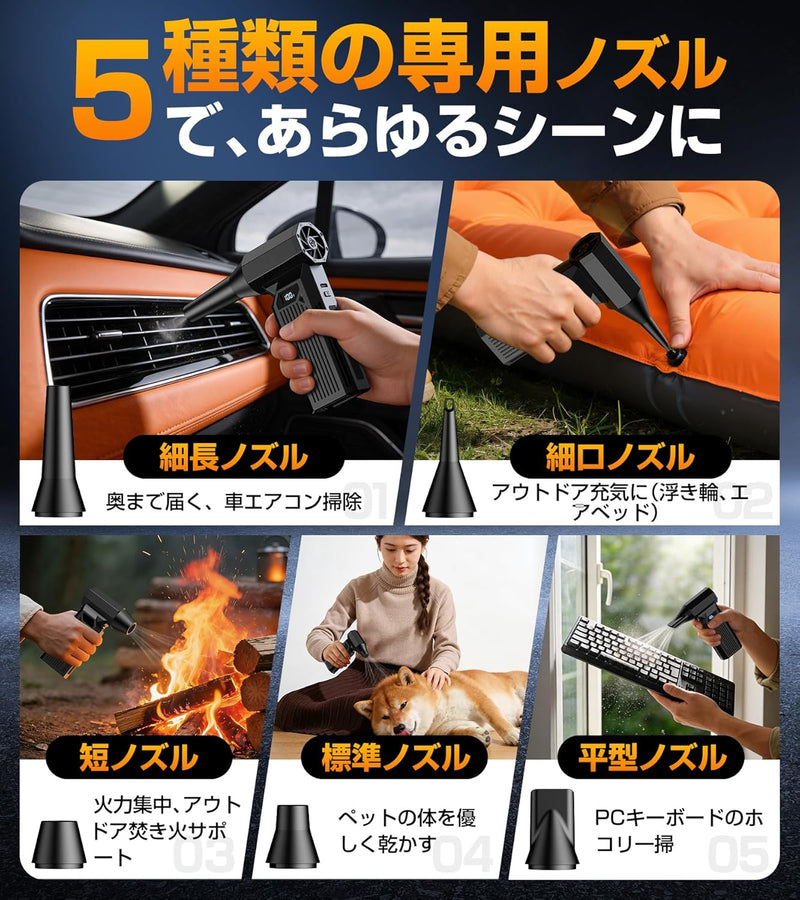 エアダスター 電動エアダスター 最強力ブロワー【超強力暴風 吹くだけで完全清掃 ? LEDライト】300000RPM高速回転 最大風速120m/s | 4段階風量調整 5種類ノズル付き 洗車 小型 軽量 Type-C充電式 車内清掃/PC掃除/キーボード用/空気入れ/家庭掃除