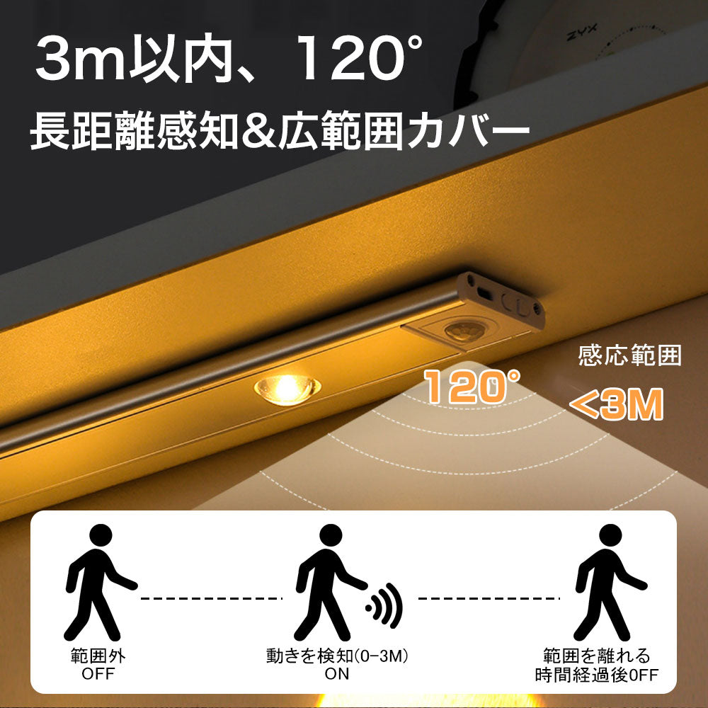 センサーライト マグネット式 USB充電 3色調光 人感センサー 薄型 LEDライト 薄い 20/30/40cm クローゼット キッチン 玄関 階段 廊下 室内 昼光色 電球色 自然色 調色 自動点灯モード LEDセンサーライト 新生活 一人暮らし 防災