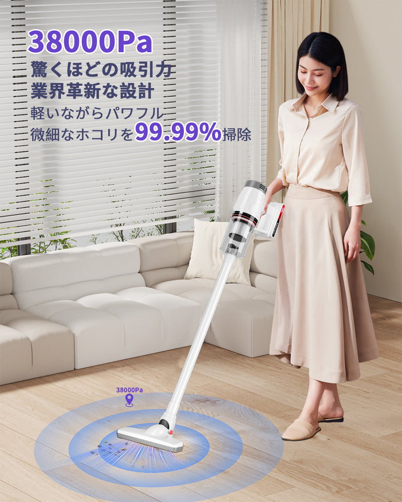 掃除機 コード式【38000Pa超強吸引･1.1kg超軽量･静音設計･2025革新モデル】 Waihipa スティック掃除機 6Ｍ電源コード HEPA多重濾過 ゴミ捨て簡単 サイクロン 式 コンパクト 家庭用 カーペット/カーテン/ソファに適用 PSE認証を取得済み 日本語取扱説明書付き(ホワイト)