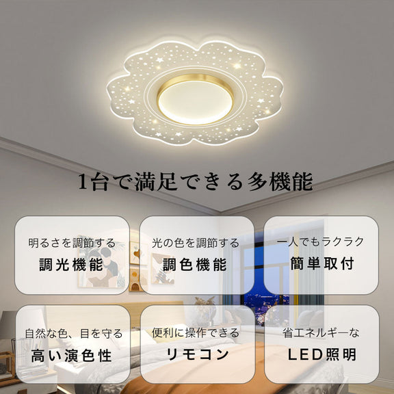 ryd-110 シーリングライト 北欧 キッチン ダイニング リビング 寝室 子供部屋 6畳 8畳 12畳 北欧風 明るい LED 器具 モダン おしゃれ かわいい 高級感 常夜灯 リモコン付き 調光調色 タイマー ゴールド 直径40cm 直径50cm 花
