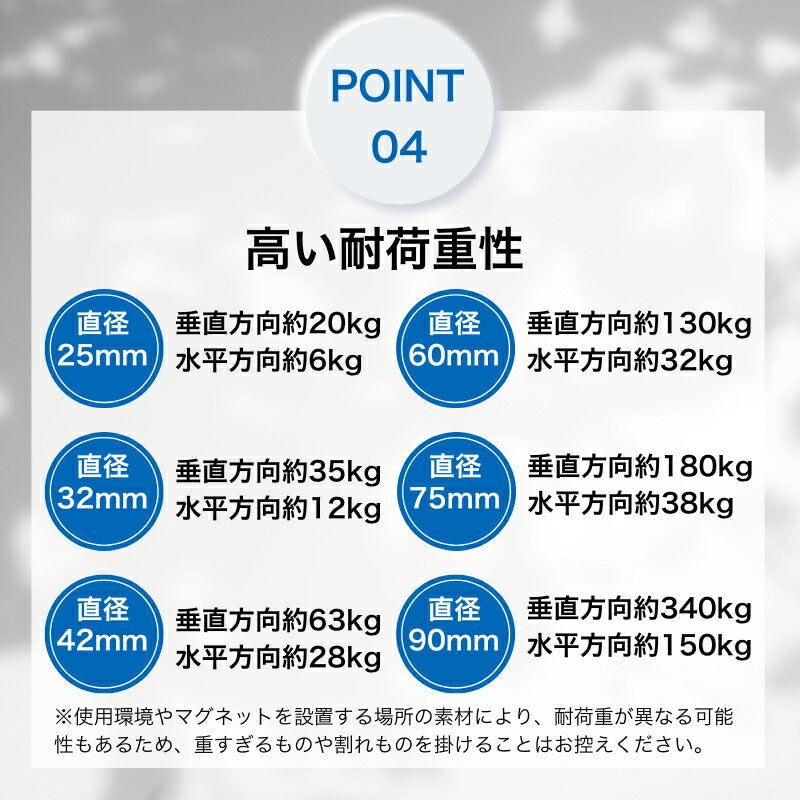 マグネット フック 直径25mm 32mm 42mm 60mm 75mm 90mm 磁石フック 壁 引っ掛け ネオジム磁石 ステンレス製 防錆 シルバー キッチン収納 オフィス 浴室 室外 壁掛け用 超強力