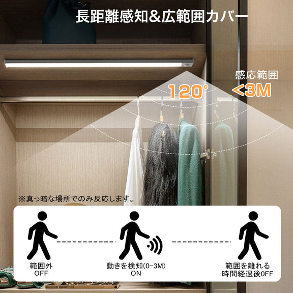 センサーライト マグネット式 10/20/30/40/50/60/80cm USB充電 3色調光 人感センサー 薄型 LEDライト 薄い クローゼット キッチン 階段 廊下 室内 電球色 自然色 調色 LEDセンサーライト 新生活 一人暮らし 防災