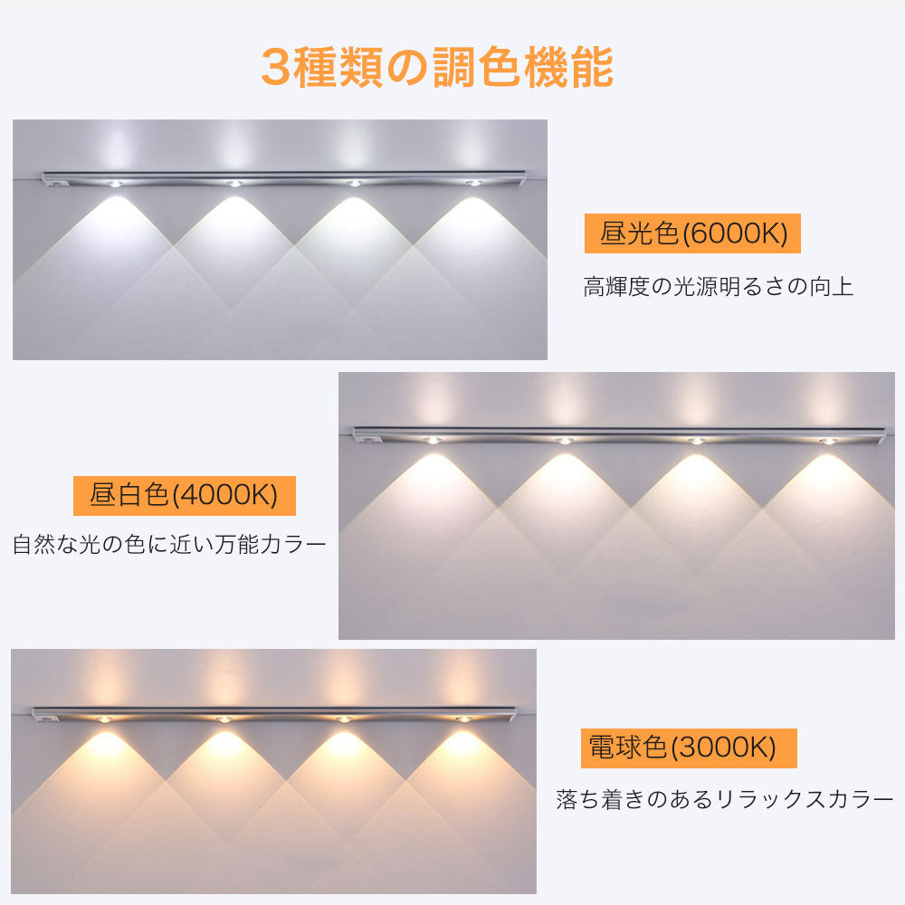 センサーライト マグネット式 USB充電 3色調光 人感センサー 薄型 LEDライト 薄い 20/30/40cm クローゼット キッチン 玄関 階段 廊下 室内 昼光色 電球色 自然色 調色 自動点灯モード LEDセンサーライト 新生活 一人暮らし 防災